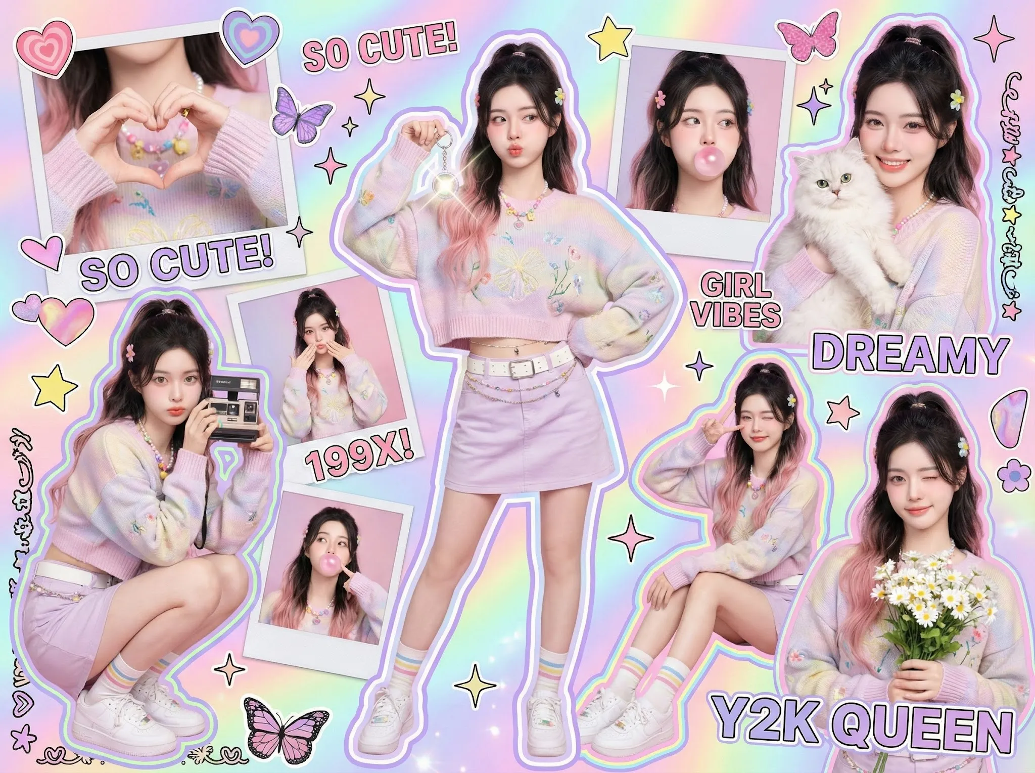 Create a colorful Y2K scrapbook–style poster collage with a vibrant, chaotic-yet-balanced aesthetic. The image should feel like an early-2000s magazine scrapbook filled with stickers, cutouts, doodles, and playful graphic elements. The overall style is frameless, highly artistic, visually dense, and extremely engaging.

The same young Y2K-styled woman appears multiple times throughout the collage, wearing the same outfit and hairstyle in every appearance, but shown in different poses and cutout-style compositions. Her identity must remain perfectly consistent across all instances, with full face-lock accuracy and no facial distortion or changes.

The collage includes the following scenes and poses:

A close-up shot where she forms a heart shape with her fingers

A full-body squatting pose, resting her chin on her hand while holding a white Polaroid camera

A mid-shot touching her cheek while blowing pink bubblegum

A mid-shot smiling elegantly while holding a cat

A seated pose with one eye winking and a peace sign gesture

A mid-shot holding a bouquet of daisy flowers

At the center of the composition is the main subject in a confident, playful Y2K pose. She slightly pops one hip to the side, faces the camera directly with a cute-cool expression and a subtle pout, and holds a lens-flare keychain in one hand. The vibe is candid, nostalgic, and unmistakably early 2000s.

Her outfit consists of a cropped oversized pastel sweater decorated with embroidered patches, paired with a pastel skirt and a white belt. She wears white ankle socks with colorful pastel stripes and white sneakers. Accessories include colorful plastic bracelets, chunky bright rings, and a sparkling belly chain.

Her hairstyle is a classic Y2K half-up, half-down look with wavy dark brown hair. The lower strands are tinted bubblegum pink, with thin front tendrils framing the face and pastel flower clips adding a playful touch.

The collage is packed with additional visual elements such as heart, star, and butterfly stickers, retro sparkles, Polaroid frames, neon outlines, doodle borders, and magazine-style cutout text reading “SO CUTE!”, “199X!”, and “GIRL VIBES”. The lighting is pastel and dreamy, with a glossy retro glow and holographic textures, pastel gradients, glitter accents, and playful doodles layered throughout.

Color grading is bold and cinematic with a neon Y2K palette. Lighting resembles soft on-camera flash. Skin texture appears smooth and glossy, consistent with high-end Y2K editorial imagery. The rendering is high-detail, hyperrealistic within the Y2K aesthetic, in ultra-high resolution, with a perfectly balanced and artistic composition.

Avoid anything that breaks the Y2K style. Do not include modern 2020s fashion, messy layouts, blurred faces, distorted hands, extra limbs, warped facial features, low resolution, heavy grain, muted colors, watermarks, or visible AI artifacts. The final image should feel polished, nostalgic, and authentically Y2K rather than modern or realistic in a contemporary sense.