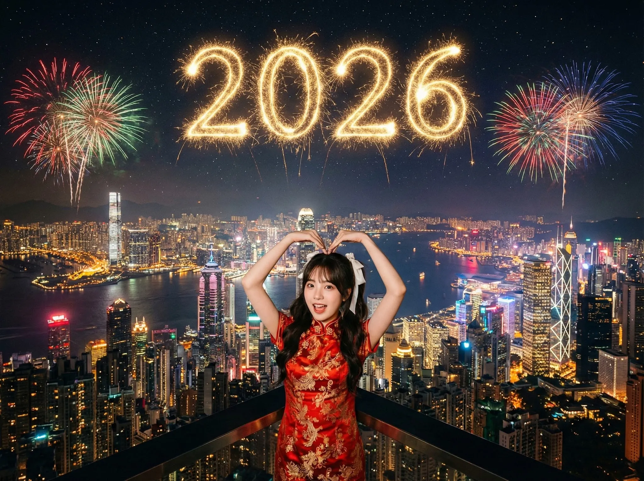 Create a breathtaking cinematic scene using the same child from the uploaded reference image. The person’s face, facial structure, hairstyle, age, and overall identity must be strictly preserved. Do not change or reinterpret the character’s appearance. The final image must clearly depict the exact same individual as in the uploaded photo.

The shot is composed as a wide, aerial long shot with a bird’s-eye perspective. The camera is positioned at approximately a 60-degree angle relative to the character, carefully arranged so the person does not block the city skyline and the night view remains fully visible.

The child appears facing the camera from the front, wearing an expression of excitement and joy. The child is standing on a high vantage point overlooking the city, performing a cheerful gesture with both hands raised over the shoulders, forming a heart shape. The pose feels celebratory, innocent, and full of wonder.

The child is wearing festive clothing that matches and harmonizes with the culture and landmarks of Hong Kong, replacing any original outfit from the reference image while keeping the character’s identity intact. The clothing style should feel appropriate for a New Year celebration and visually blend with the city’s atmosphere.

The background features a stunning night view of Victoria Harbour, Hong Kong, with the city skyline glowing brilliantly. Iconic skyscrapers, harbor reflections, and city lights are clearly visible under a star-filled night sky.

The sky is illuminated by a spectacular fireworks display customized for the celebration. Large, radiant golden fireworks form the number “2026” clearly in the center of the sky. Additional colorful fireworks burst across the scene, enhancing the festive and magical mood.

The image is rendered in ultra-high resolution with photorealistic detail, cinematic lighting, and subtle film grain. The overall atmosphere is dreamy, grand, and hopeful, conveying a sense of celebration, new beginnings, and awe while maintaining a realistic, photographic look rather than a CGI or illustrated style.
