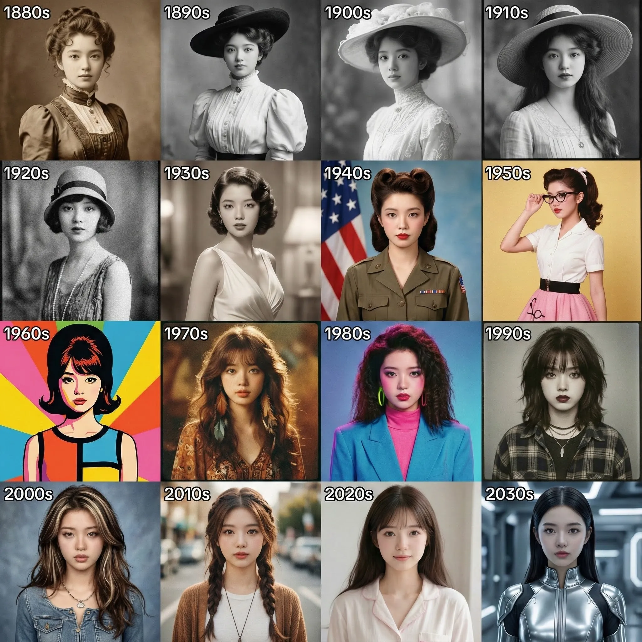Make a 4×4 grid starting with the 1880s. In each section, I should appear styled according to that decade (clothing, hairstyle, facial hair, accessories). Use colors, background, & film style accordingly.
