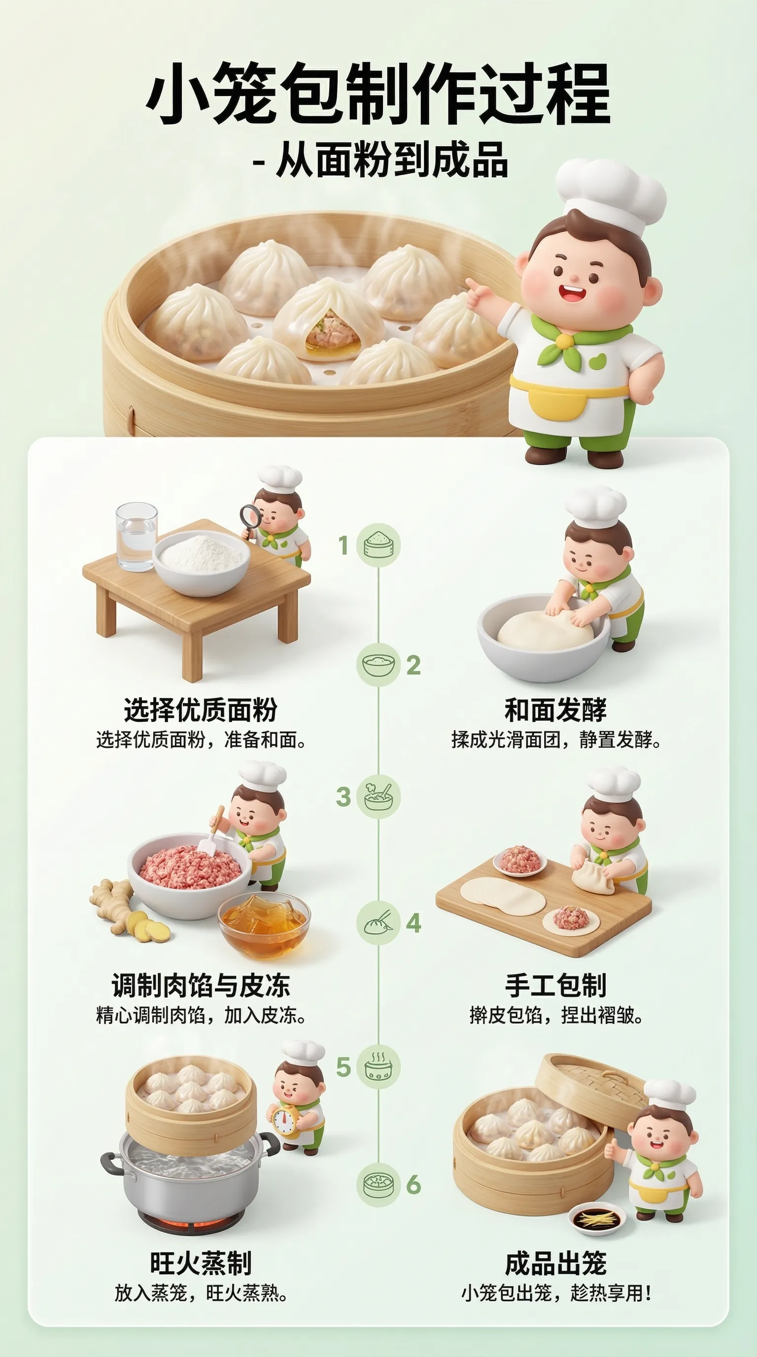 请用中文制作一张高细节的3D信息图海报，介绍印尼传统天贝的制作过程，海报中需包含一个可爱的3D厨师角色Koki Cubby（胖乎乎的，可爱，戴着白色厨师帽和围裙，表情丰富，色彩鲜艳）。
制作过程的每个步骤都应有Koki Cubby的帮助或讲解。
海报颜色：白色、叶绿色、大豆黄、天贝棕色。
视觉风格：3D半写实食物插画+可爱角色，柔和的光线，高细节。
大标题：
“天贝制作过程——从大豆到成品”
主图：
逼真的3D天贝盒，盒身用香蕉叶或半透明塑料包裹，盒内有纹理清晰的天贝切片和白色酵母（根霉菌）丝。Koki Cubby站在旁边，指着成品天贝。
大豆挑选与分拣（3D场景）
• 木桌上摆放着干大豆的3D插图。
• 厨师库比拿着小铲子检查大豆的质量。
• 文字：“选择优质、干净、无破损的大豆。”
大豆浸泡（3D碗）
• 大豆浸泡在一大碗水中，可见其膨胀。
• 3D水泡。
• 厨师库比用锅铲搅拌水。
• 文字：“浸泡6-12小时，让大豆膨胀。”
• 煮沸（3D锅蒸）
• 一大锅大豆正在煮沸。
• 3D热蒸汽细节。
• 厨师库比拿着厨房计时器。
• 文字：“煮至软烂，杀死有害细菌。”
• 大豆去皮及去缩
• 挤压并揉搓大豆以去除外皮。
• 使用小型3D过滤机或手工操作。
• 厨师Cubby正在帮忙去除大豆皮。
• 文字：“去除大豆皮有助于酵母发酵。”
大豆过筛及干燥
• 将湿大豆放入大筛子中沥干水分。
• 厨师Cubby用小风扇吹干或用毛巾吸干水分。
• 文字：“确保大豆干燥——水分过多会抑制发酵。”
• 添加天贝酵母（根霉菌）
• 一碗3D酵母呈白色细粉状。
• 厨师Cubby将酵母均匀地撒在大豆上。
• 文字：“将天贝酵母搅拌均匀。”
• 包裹（叶子/塑料袋）
• 将大豆放入香蕉叶或带孔塑料袋中。
• 小厨师卡比用小手按压，使之折叠整齐。
• 文字：“包裹紧实，才能完美发酵。”
天贝发酵（24-48 小时）
• 将天贝放在通风的木架上。
• 由于根霉菌的作用，天贝的质地开始变白。
• 小厨师卡比坐在一旁等待，看着温度计。
• 文字：“在 30-32°C 下发酵。”
天贝发酵完成
• 天贝质地紧实，呈白色，带有粗壮整齐的酵母纤维。
• 逼真的 3D 天贝切片展示了其内部纹理。
• 小厨师卡比竖起大拇指。
• 文字：“天贝可以烹饪了——美味、健康、富含蛋白质！”
海报风格
• 3D 立体信息图，采用简洁的面板、小图标和连接时间线。
• 柔和的白绿色渐变背景。
• 大豆和豆豉带有微妙的光晕。
• 现代无衬线字体。
• 4K 高分辨率。
• 简洁、专业、教育性强，适合儿童和成人阅读。
把这个提示词中的食物改成小笼包