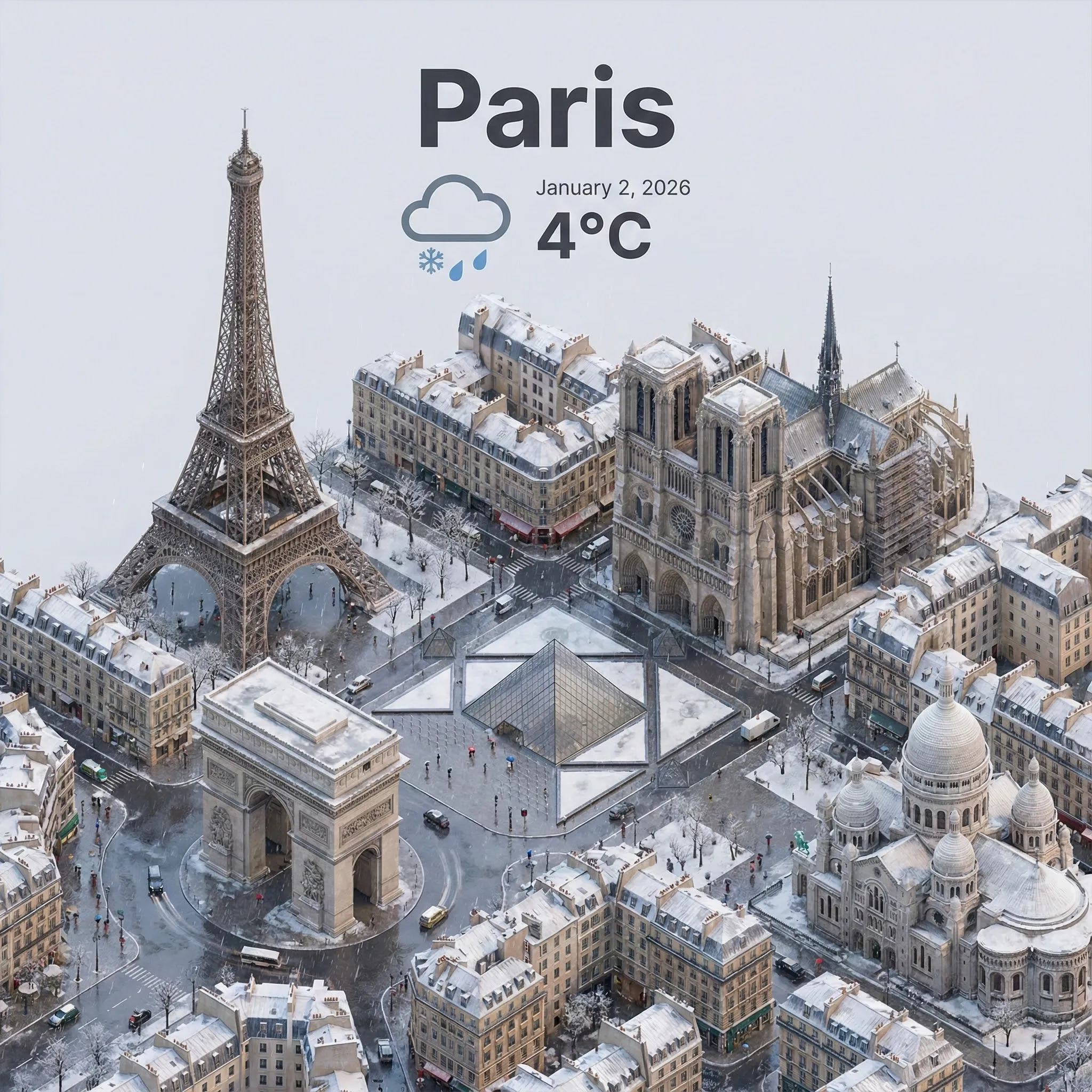 Present a clear, 45° top-down isometric miniature 3D cartoon scene of [CITY], featuring its most iconic landmarks and architectural elements. Use soft, refined textures with realistic PBR materials and gentle, lifelike lighting and shadows. Integrate the current weather conditions directly into the city environment to create an immersive atmospheric mood.
Use a clean, minimalistic composition with a soft, solid-colored background.

At the top-center, place the title “Paris” in large bold text, a prominent weather icon beneath it, then the date (small text) and temperature (medium text).
All text must be centered with consistent spacing, and may subtly overlap the tops of the buildings.
Square 1080x1080 dimension.