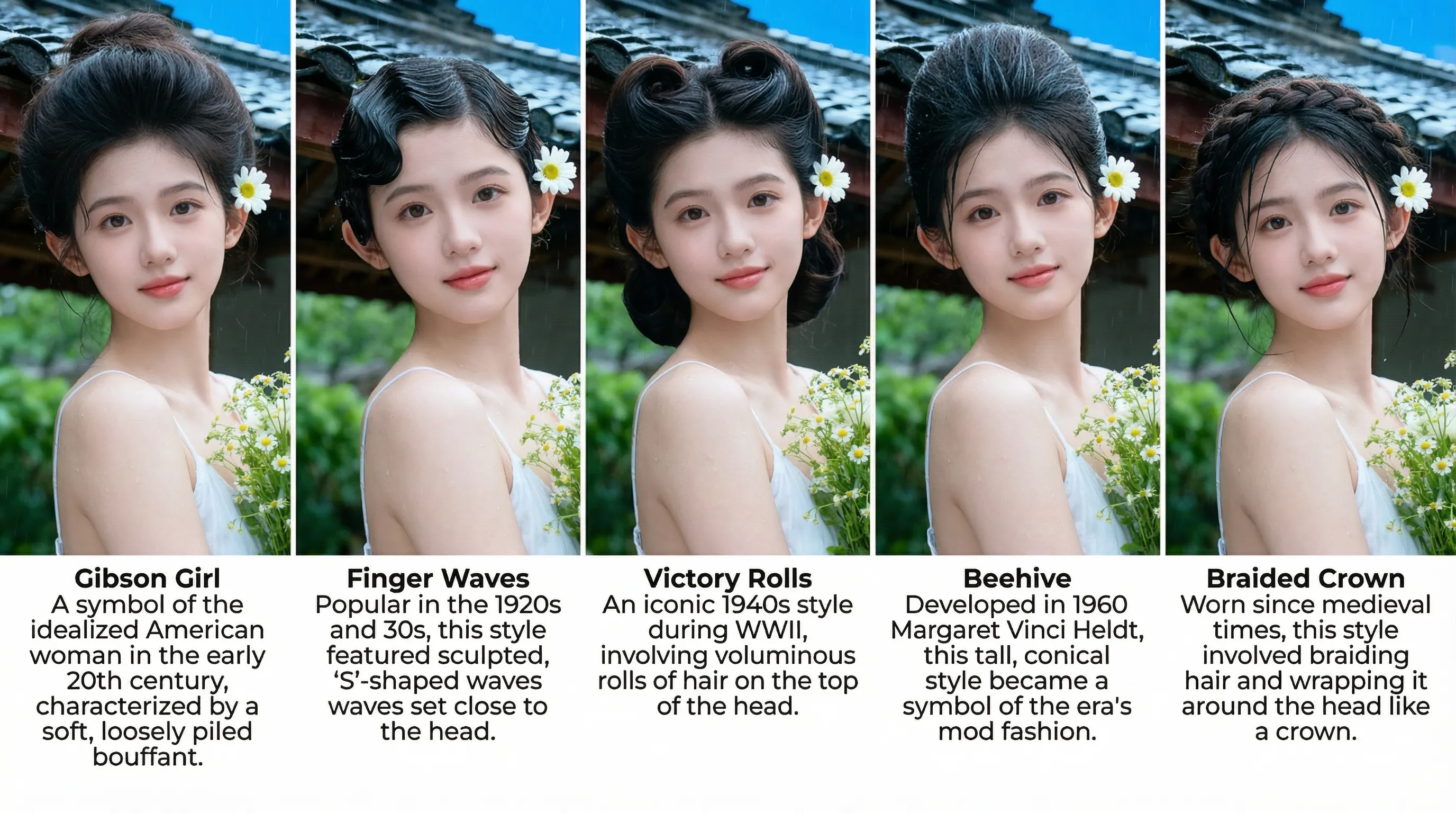 Create a grid of 5 different hairstyles for this women. List the name of each hairstyle and the brief history about the hairstyle. They can be from any era.