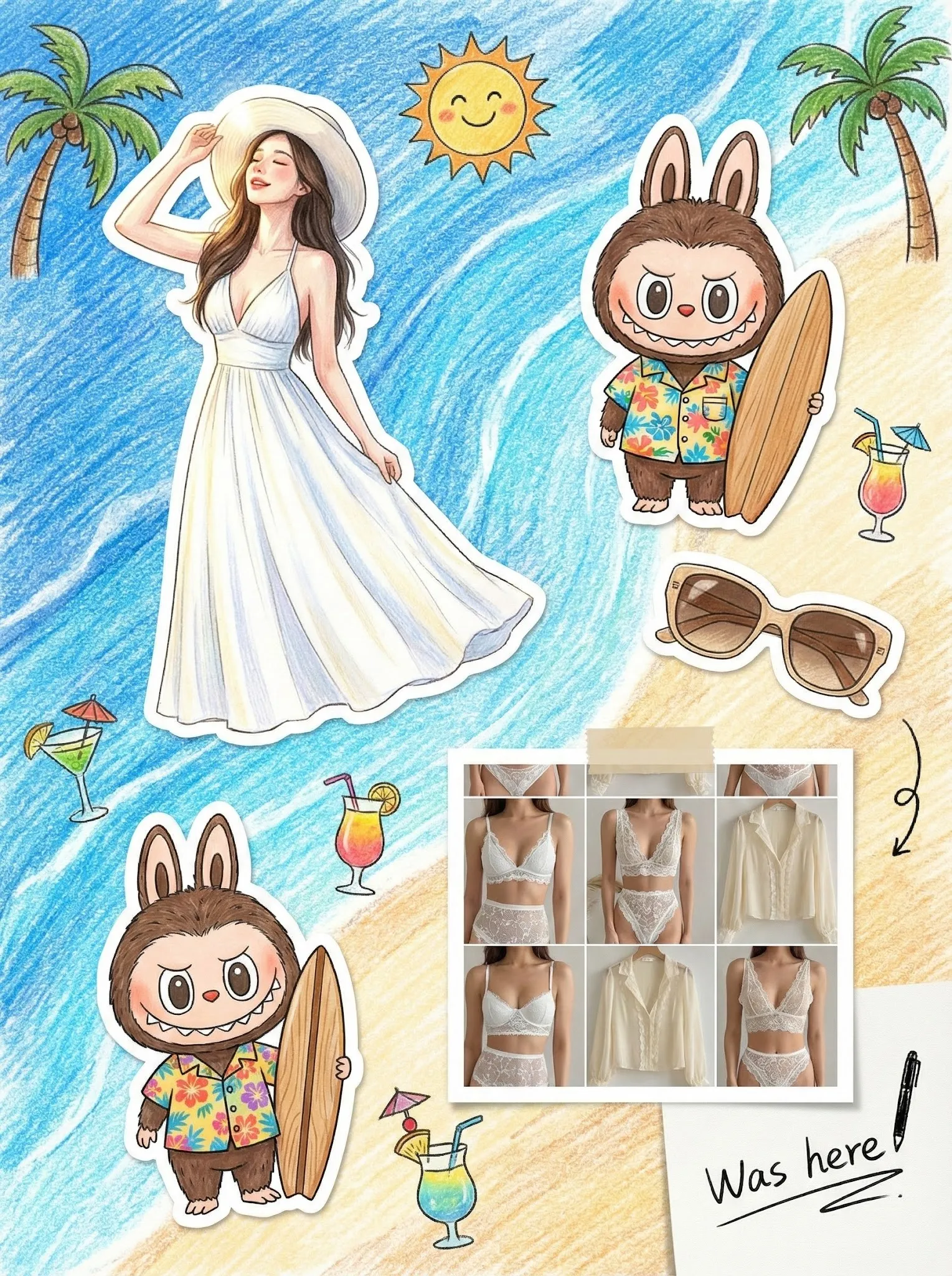 A stylish vertical illustration imbued with a summer vibe. The background features a hand-drawn blue ocean wave texture and beach color blocks, rendered in a colored pencil texture. The protagonist sticker is dressed in a resort-style long dress or swimsuit, basking in the bright sunshine. The Labubu doll sticker wears a Hawaiian shirt, holding a surfboard or a swim ring. Accessory stickers include a straw bag and sunglasses. The hidden layer sticker showcases a set of exquisite lace bikinis or sheer blouses, displayed in a tiled manner. Surrounding the scene are cute doodles of palm trees, the sun, and cocktails. In the corner of the sticker, there is a handwritten travel note reading "Was here". The overall atmosphere is relaxed and joyful, resembling a scanned page from a travel scrapbook.