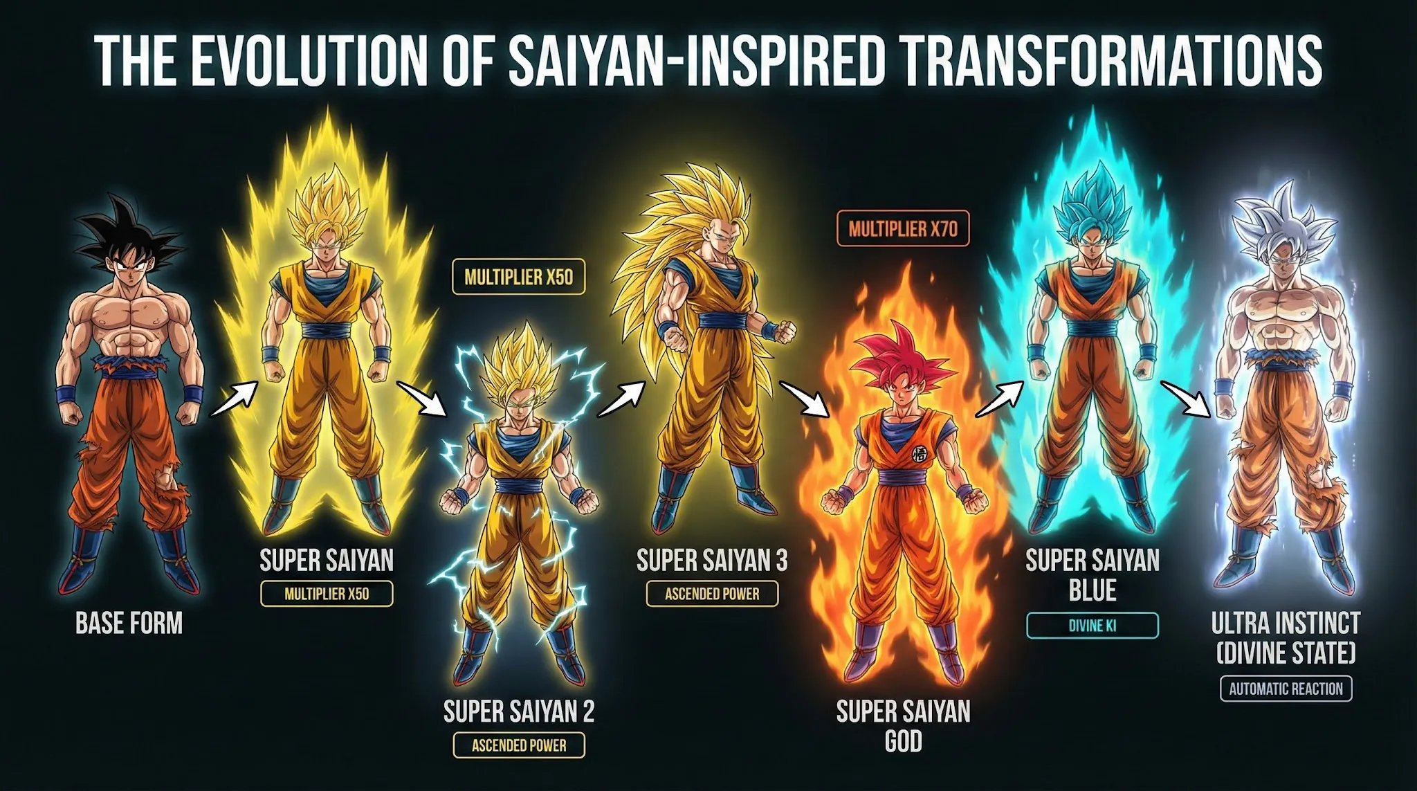 Create a detailed visual chart showing the full evolution of “Super Saiyan–style transformations”, using an original Saiyan-inspired warrior , depicted in multiple stages from base form to divine transformations