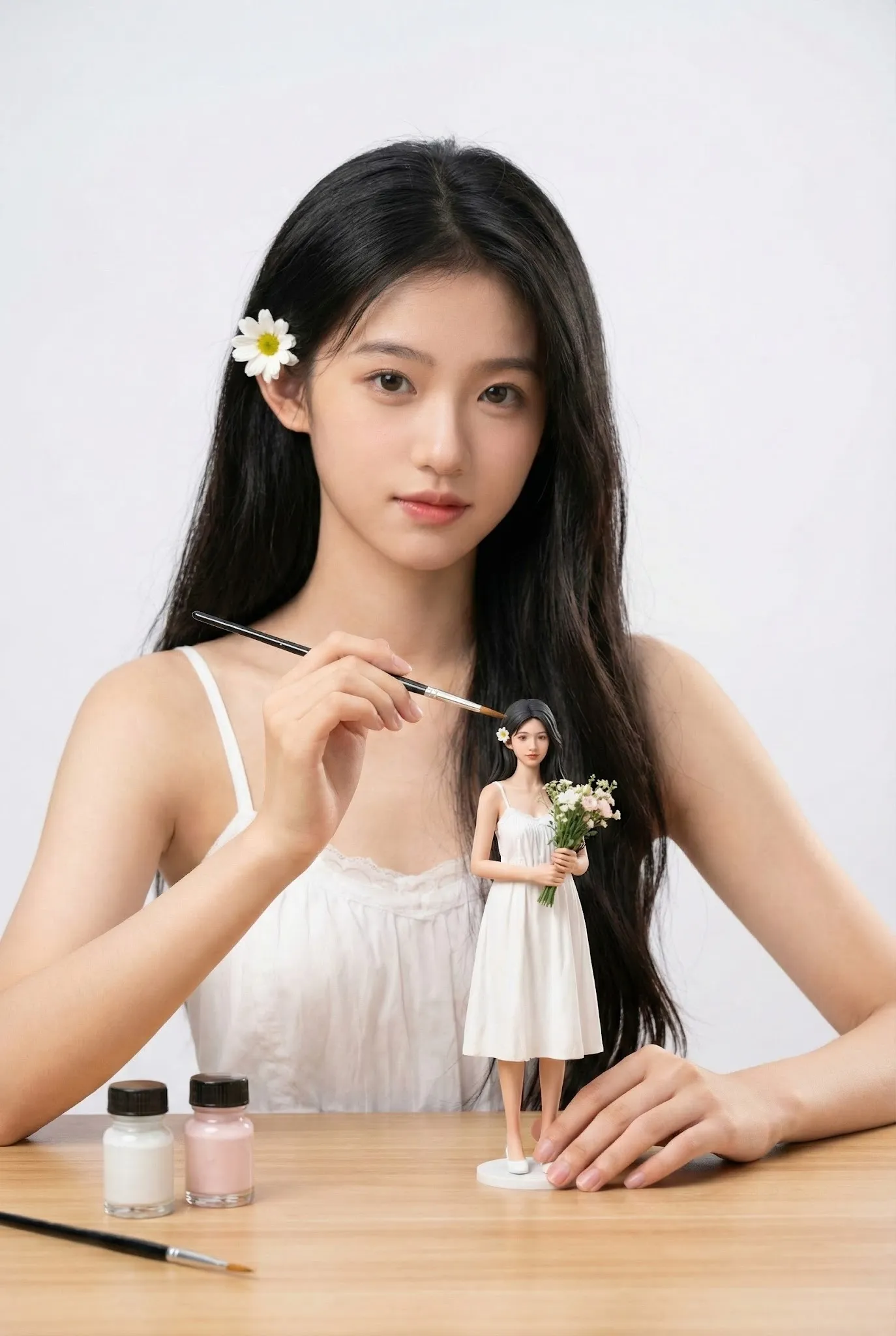 Create an image of this person as an artist painting a tiny miniature figurine version of themselves. The person is wearing their most iconic signature outfit, looking directly at the camera with a confident expression while holding a tiny paintbrush in one hand. The small action figure-sized version of themselves is prominently placed on a clean workbench in front of them - make the miniature slightly larger and more visible than realistic scale so it clearly stands out. The miniature figure is also wearing the same iconic outfit in a signature pose. Minimal art supplies on the workbench to avoid clutter - just 2-3 small paint bottles and one extra brush, keeping the focus on the person and their miniature. Soft neutral white background, professional studio lighting, shallow depth of field. The composition emphasizes the person’s face looking at camera and the miniature figure they’re working on. Clean, uncluttered, photorealistic style with high detail on both figures