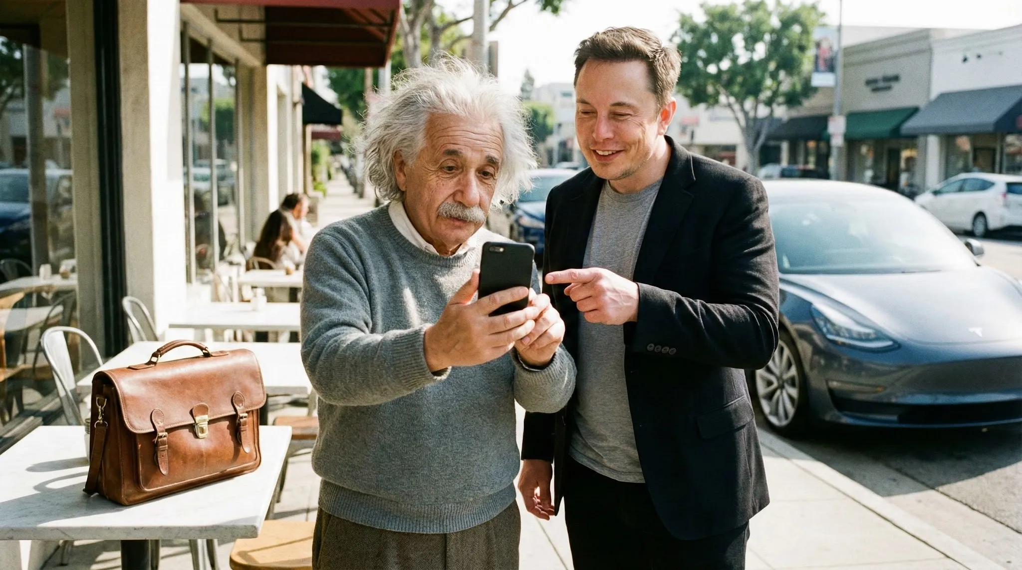 Einstein, with his disheveled hair, stared at his smartphone in confusion, attempting to take a selfie. Elon Musk stood beside him, patiently pointing at the screen to teach him.