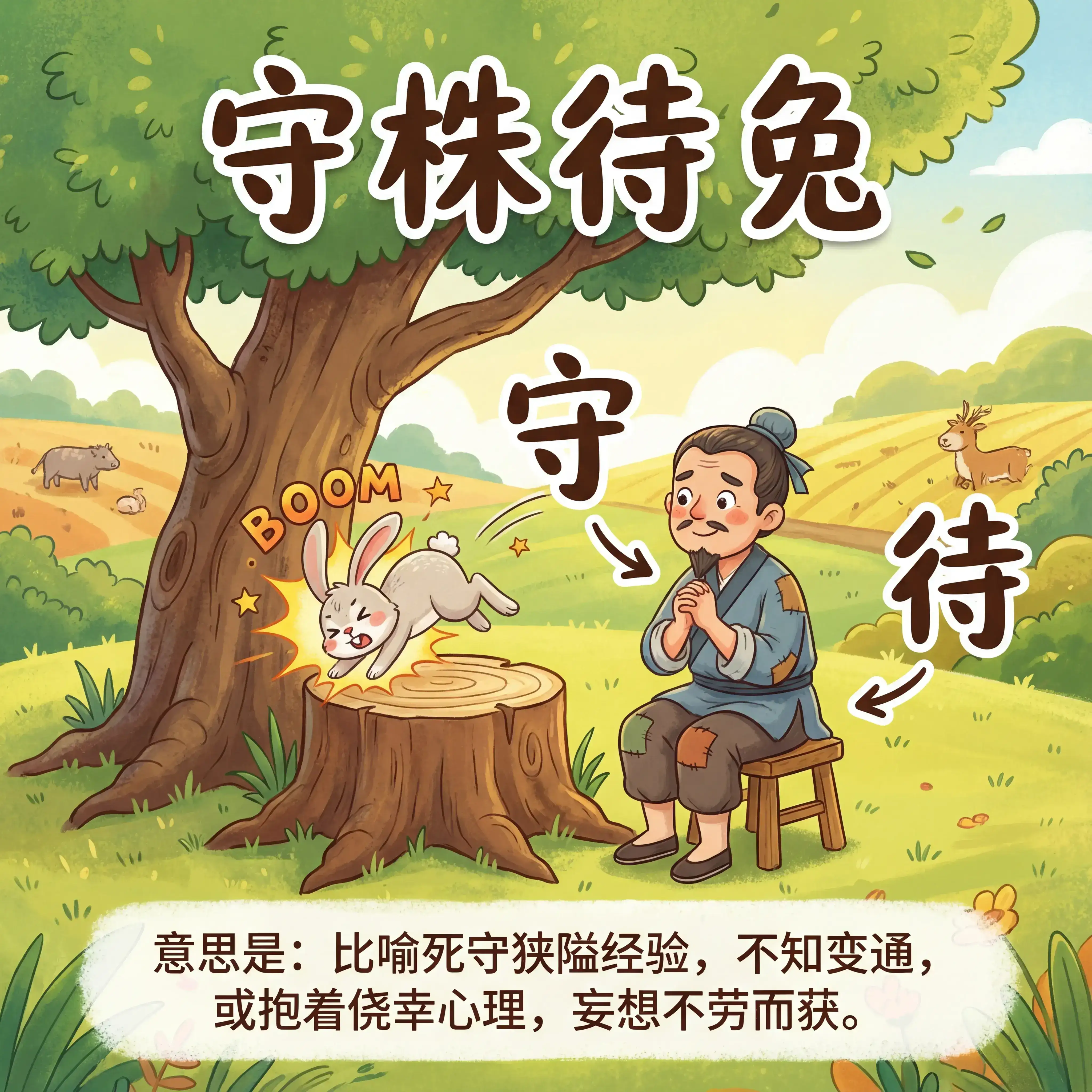 生成一张适用于小学生的教育海报，图中是“守株待兔”成语的画面，一棵大树下，农夫静静守着，兔子撞到树桩，突出“守”和“待”的情境。所有文案用中文。