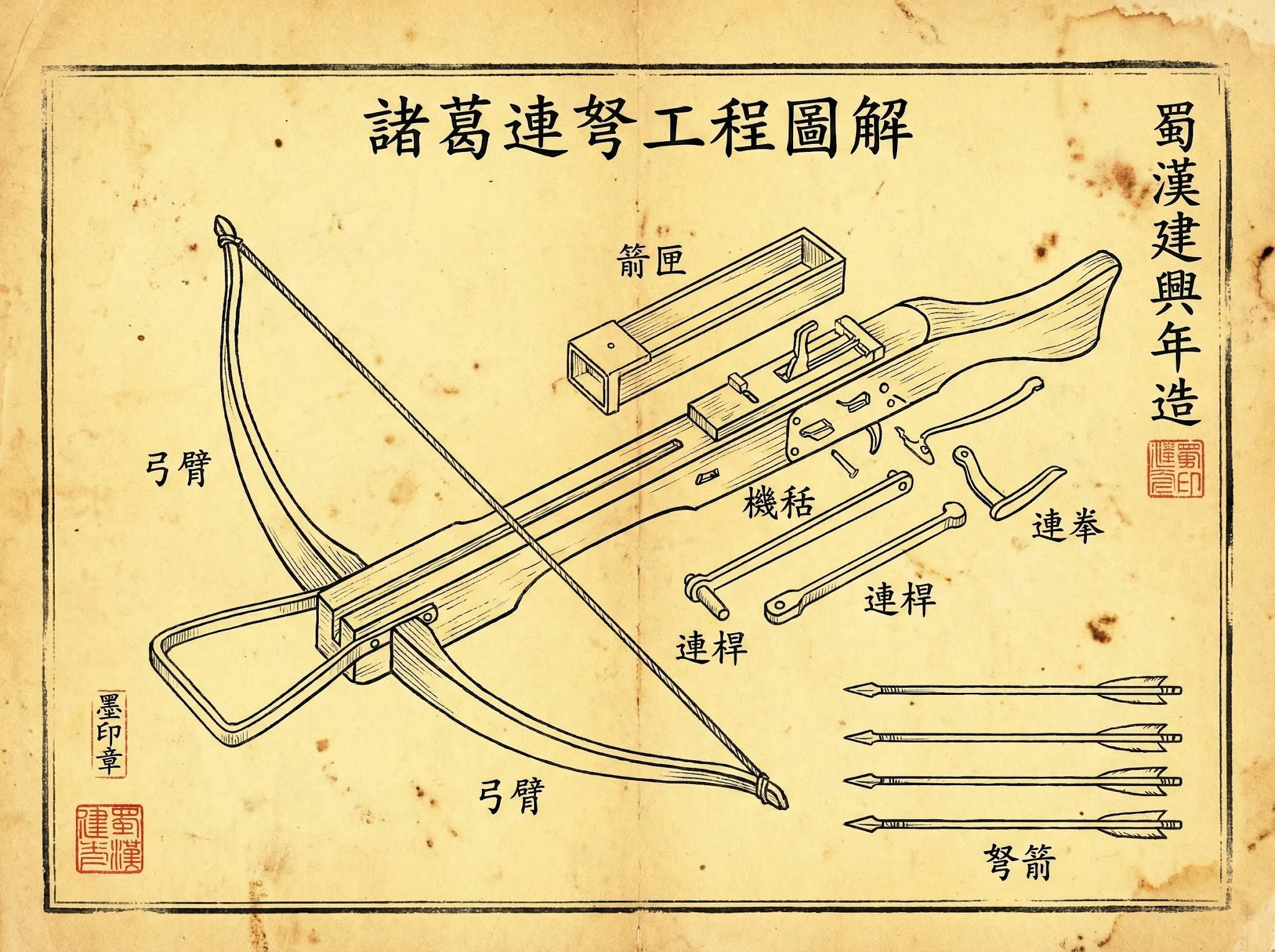 请创建诸葛连弩的复古风格工程爆炸图，里面的文字是中文