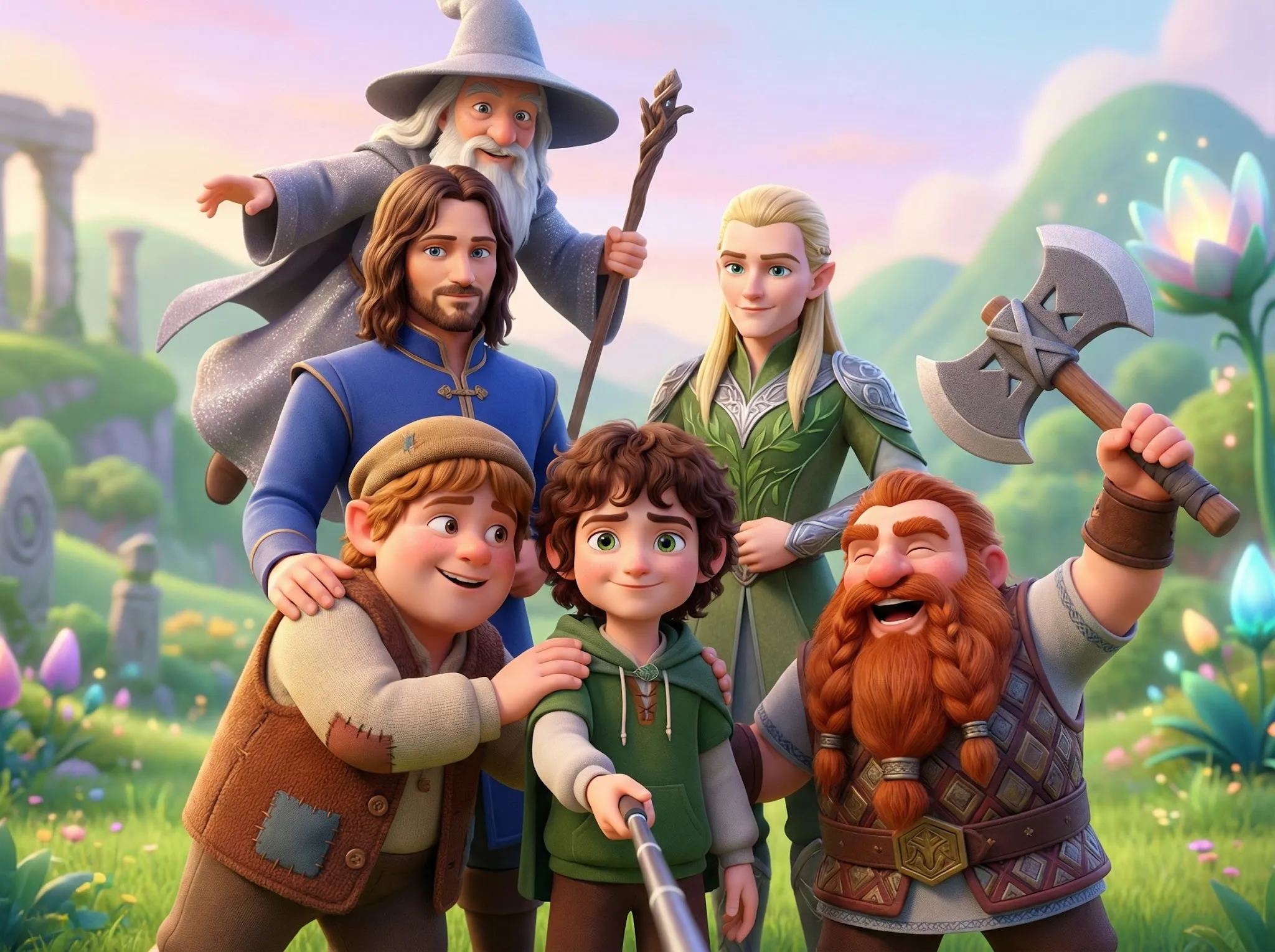 A vibrant Pixar-style 3D animated scene depicting a joyful group selfie moment featuring Frodo, Sam, Aragorn, Gandalf, Legolas, and Gimli in a culturally representative fantasy environment inspired by Middle-earth.

At the center, Frodo confidently holds a selfie stick topped with an iPhone, wearing an expression that clearly reflects his brave yet gentle determination and exudes a quiet heroic presence.

To the left, Sam adopts a warm, supportive pose, leaning in closely with a heartfelt smile that vividly captures his loyal, caring, and earnest personality.

On the right side, Gimli strikes a playful and humorous pose, holding his iconic battle axe, with an exaggerated, lively facial expression highlighting his bold, fiery, and comedic spirit.

Nearby, Aragorn stands slightly behind the group with a calm, protective posture, his expressive face conveying noble leadership, strength, and quiet confidence.

Close to him, Legolas performs a graceful, relaxed pose with effortless balance, bearing a serene expression that encapsulates his elegant, sharp, and composed personality.

Hovering slightly above or standing behind the group, Gandalf smiles wisely while holding his staff, his expressive face reflecting wisdom, warmth, and gentle authority.

All characters wear bright, cheerful, adorably rounded outfits styled in a contemporary fusion of traditional fantasy attire and modern elements, reflecting their cultural and historical backgrounds in a lighthearted Pixar-inspired way.

The scene is warmly lit, colorful, and filled with dynamic expressions and lively poses. The background features a fantasy landscape emblematic of their identities—rolling green hills, distant mountains, ancient stone architecture, and glowing natural light—rendered in the adorable, cinematic style characteristic of Pixar animations.

The overall composition exudes energy, humor, and heartwarming joy, capturing the essence of each character through their selfie expressions and playful postures.

SELECT
EXPORT