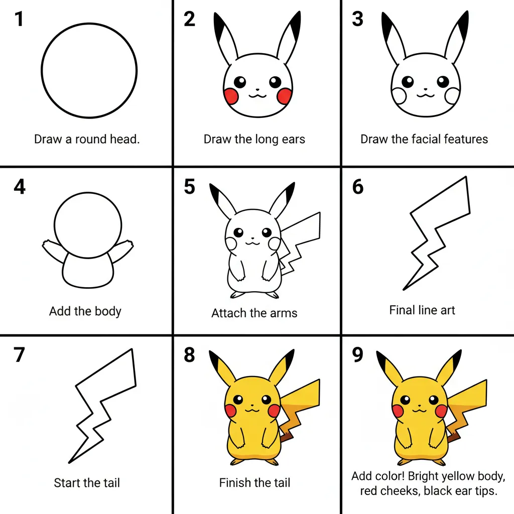 A simple line-drawing tutorial showing how to draw Pikachu, presented as a step-by-step nine-panel grid.
Step one: draw a round head.
Step two: draw the long ears.
Step three: draw the facial features.
Gradually add the lightning-shaped tail.
Final step: add color—bright yellow with red cheeks.
Use bold outlines in a child-friendly teaching style, on a white background.