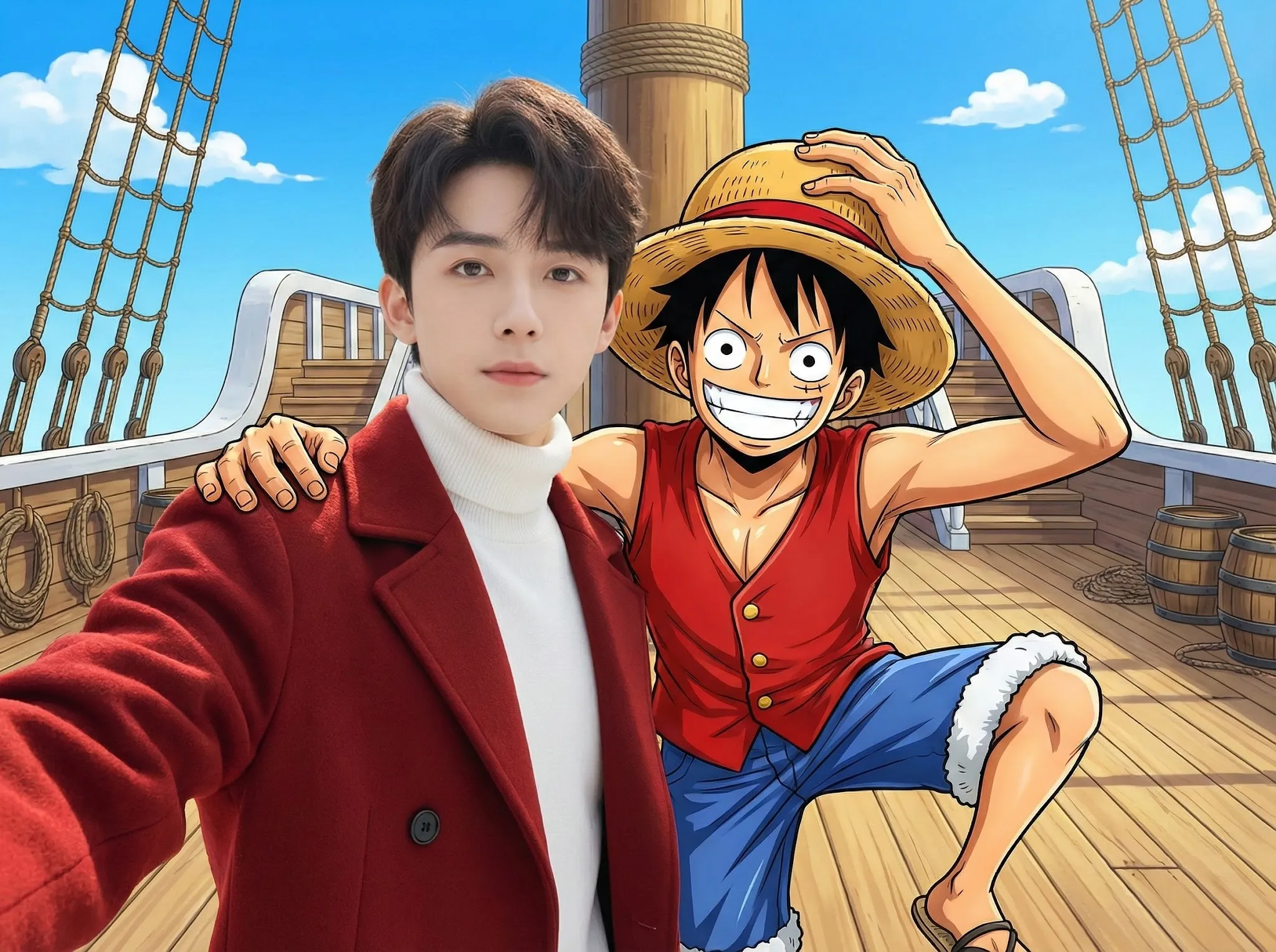 Place Monkey D. Luffy next to the man, smiling widely with his straw hat tilted. Use a Thousand Sunny deck background with bright blue sky. Keep the selfie composition intact and integrate both characters naturally.