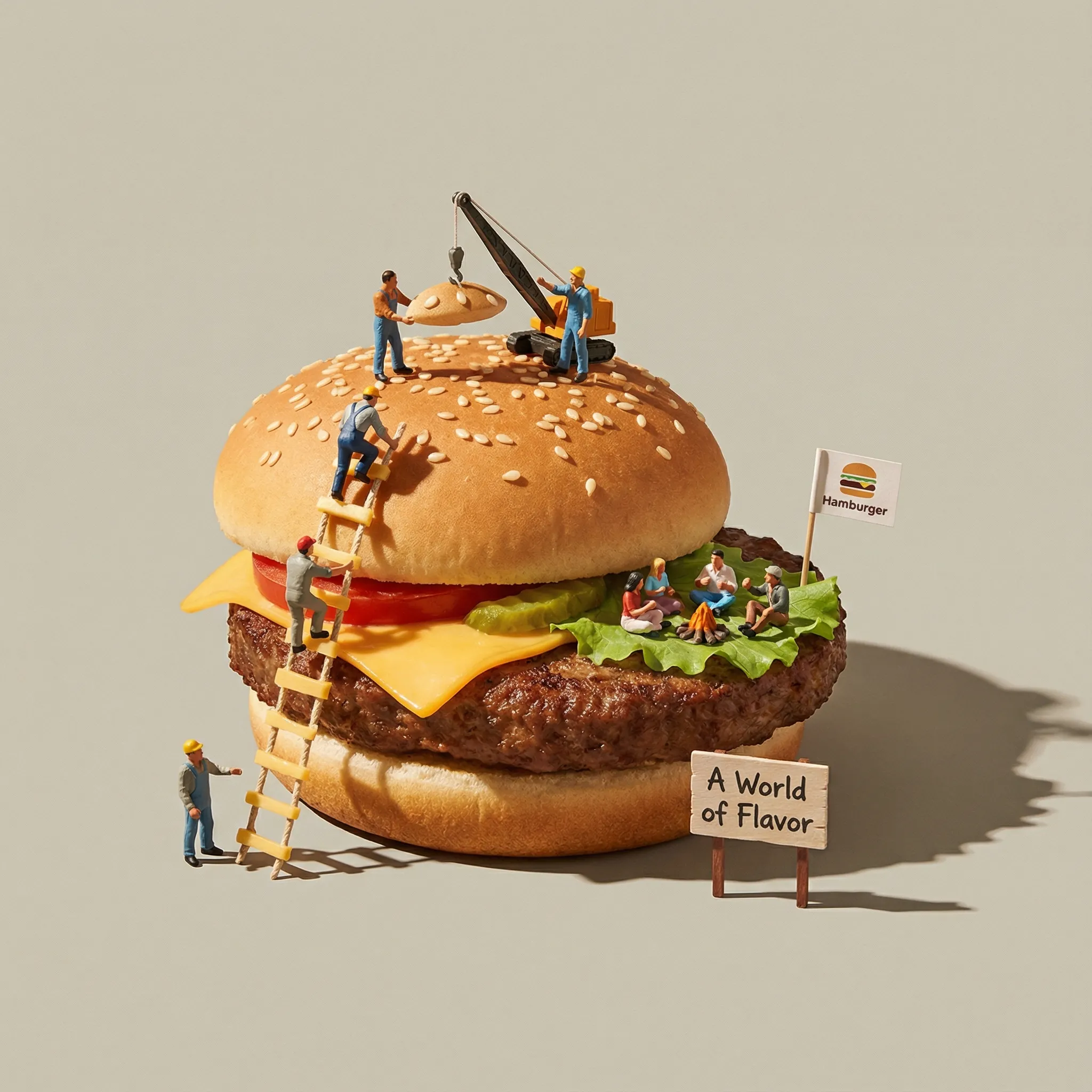 Create a highly detailed miniature surreal scene in which tiny human figures interact realistically with the Hamburger product shown in the reference image. The characters should behave as if the product is their entire world, with all visual elements naturally adapting to the product’s shape, scale, and characteristics—without any forced or predefined assumptions.

Ensure that the interactions between the figures and the product subtly and coherently convey the Hamburger brand identity and its intended use. Use a clean visual composition with a minimalist background to keep the focus on the product and the storytelling.

Apply cinematic lighting, crisp shadows, and sharp photographic techniques. Seamlessly integrate the Hamburger logo into the scene, and add a short tagline that naturally adapts to the product context.

Requirements:
1:1 aspect ratio · ultra-detailed · photorealistic · clean, professional production style.