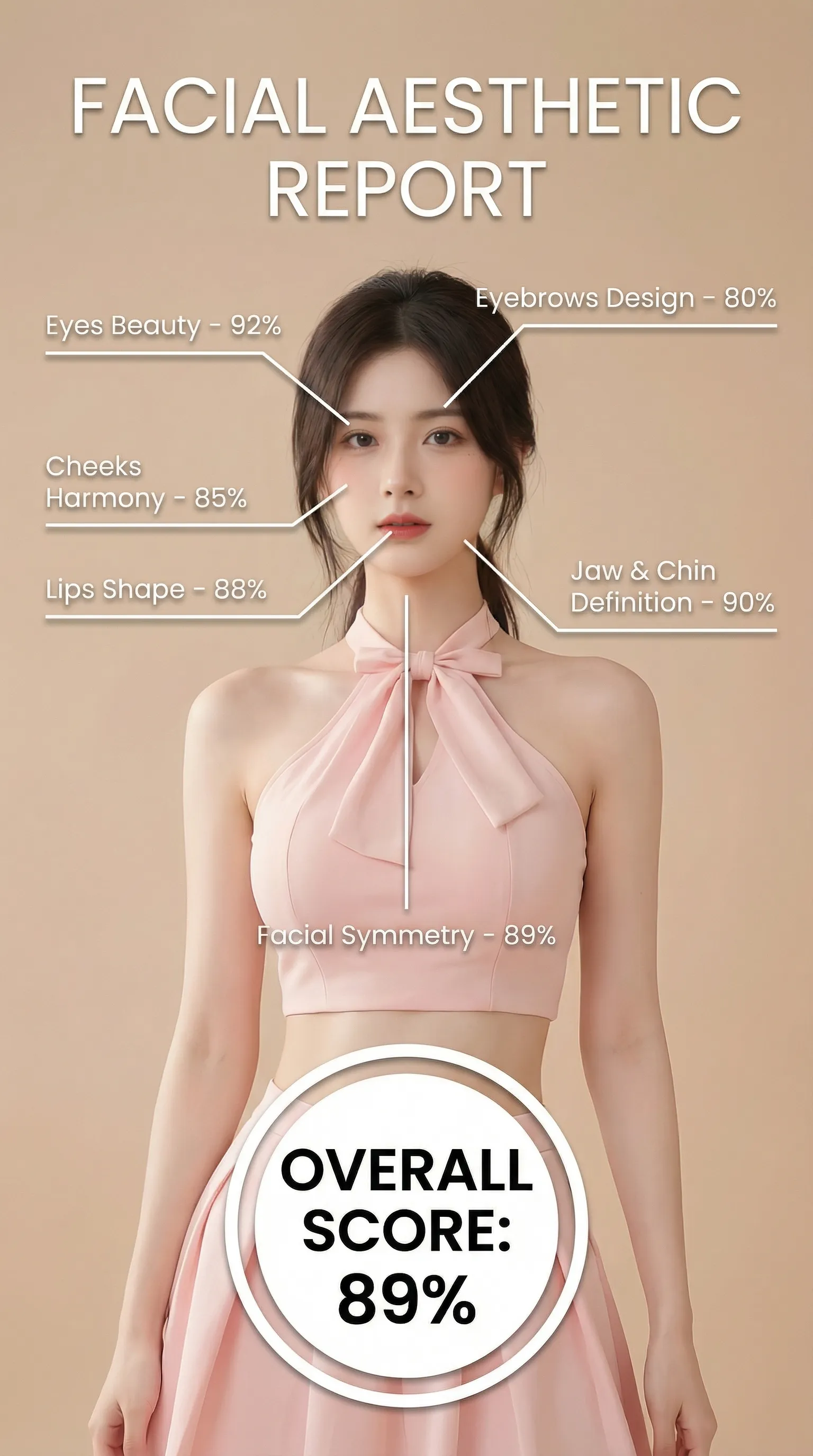 Use the provided portrait photo as the base.
Do NOT change the person's face, expression, age, skin tone or gender. Just overlay a clean, minimal infographic on top.
Create a high-resolution vertical “FACIAL AESTHETIC REPORT” poster, studio lighting, soft beige background, premium beauty clinic style.
The subject can be MALE or FEMALE – keep them exactly as in the original photo.
Add thin white lines and labels pointing to each area of the REAL face, with percentage scores based on global aesthetic ratios, symmetry and proportions (not changing the face):
1. Eyes: “Eyes Beauty – 92%”
2. Cheeks: “Cheeks Harmony – 85%”
3. Lips: “Lips Shape – 88%”
4. Eyebrows: “Eyebrows Design – 80%”
5. Jaw & Chin: “Jaw & Chin Definition – 90%”
6. Overall Facial Symmetry: “Facial Symmetry – 89%”
At the bottom center, add a BIG bold number: “OVERALL SCORE: XX%”
Design style: clean, medical-grade, aesthetic-clinic infographic, modern thin sans-serif typography, white text and lines, subtle drop shadows.