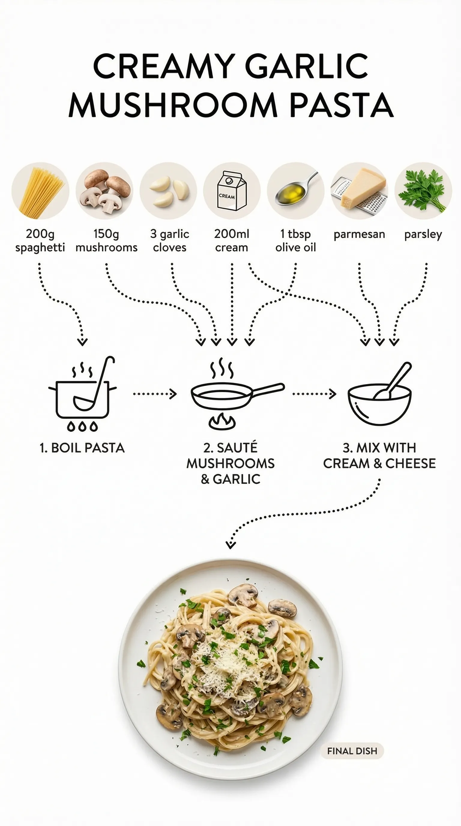 Create step-by-step recipe infographic for creamy garlic mushroom pasta, top-down view, minimal style on white background, ingredient photos labeled: "200g spaghetti", "150g mushrooms", "3 garlic cloves", "200ml cream", "1 tbsp olive oil", "parmesan", "parsley", dotted lines showing process steps with icons (boiling pot, sauté pan, mixing), final plated pasta shot at the bottom