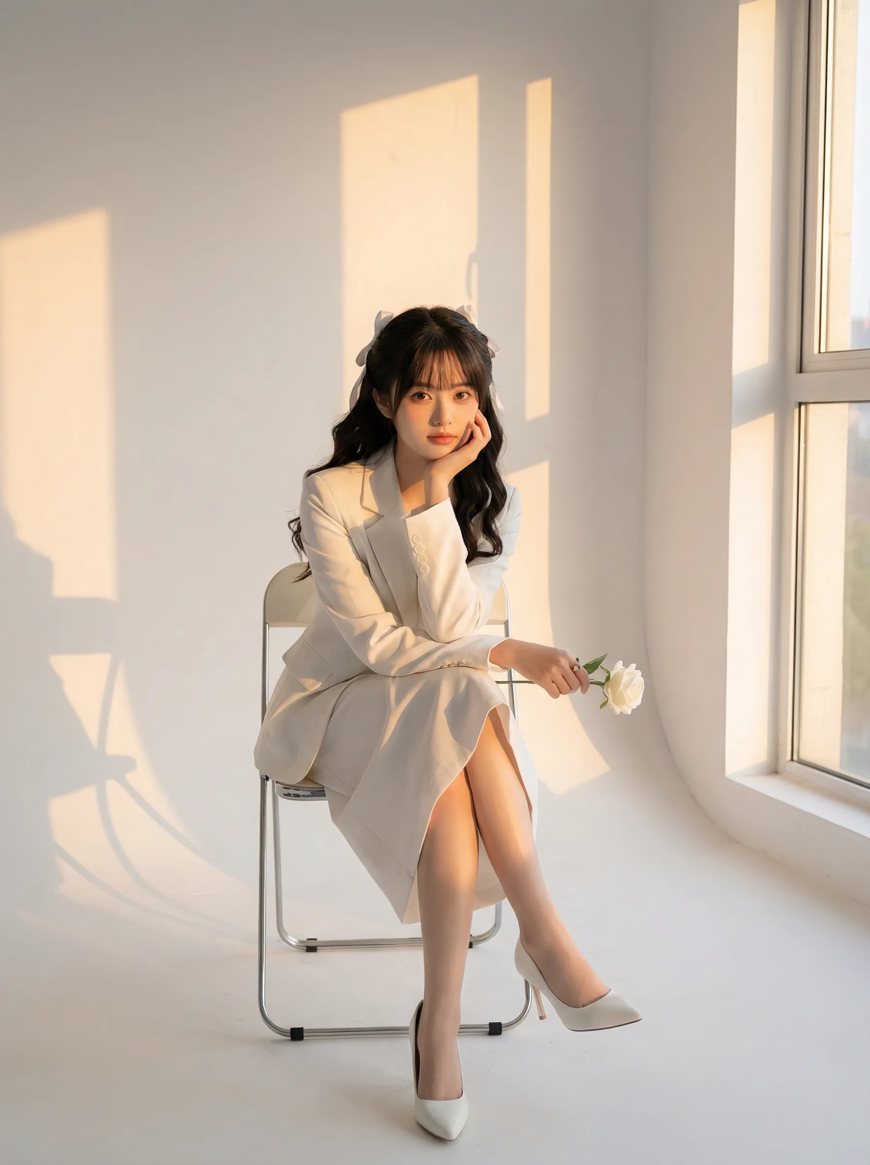 Please take a photo in the photo studio, using the female face from the attached photo.
The shooting angle is frontal, with a white studio background, and the female is sitting on a chair.
She was dressed in a full set of white attire: a white suit jacket, a white skirt, and white high heels.
She has an elegant posture, with her chin resting on her hand, and a small white rose in her hand.
The soft light of the setting sun shone through the windows, casting a warm glow on the walls of the photo studio.