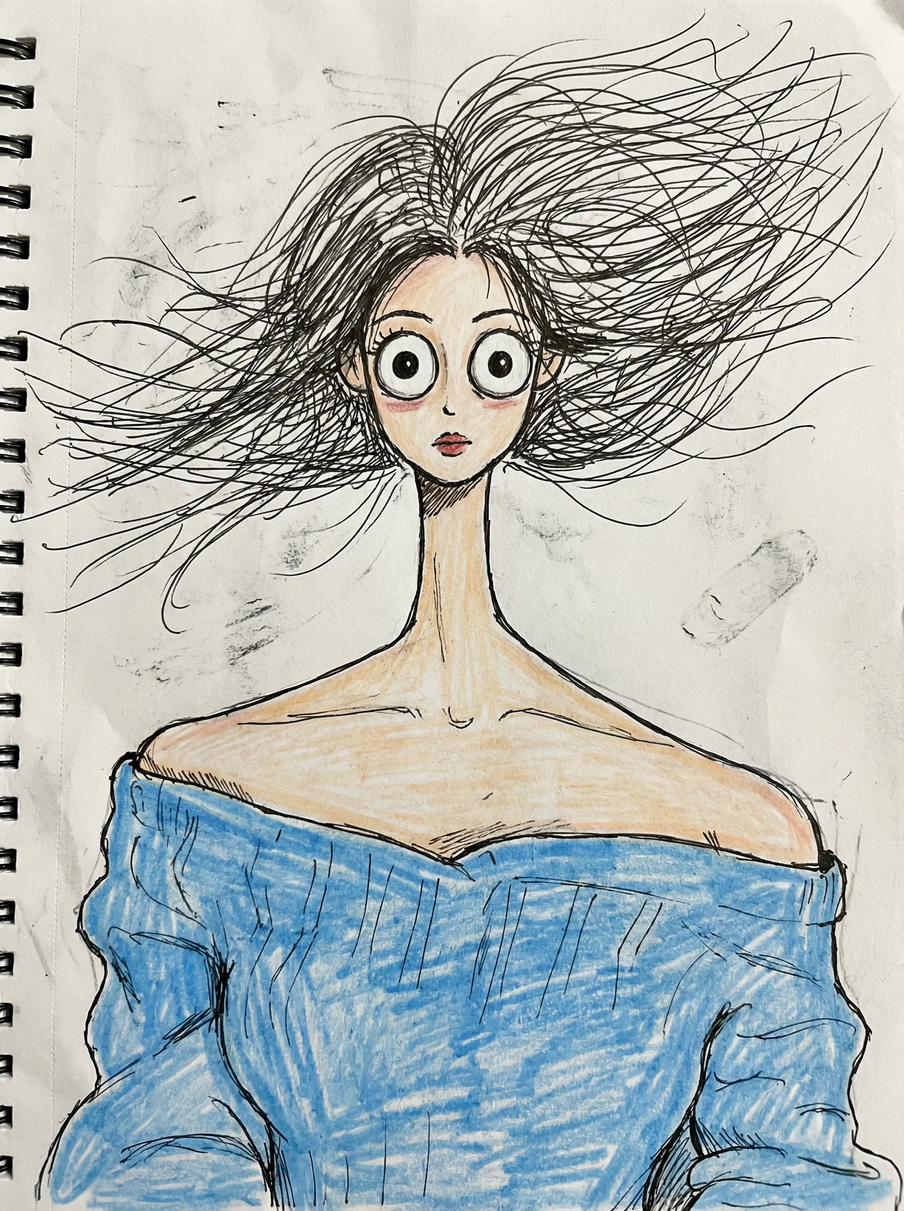A doodle-style, naive lines, humorous shape exaggeration