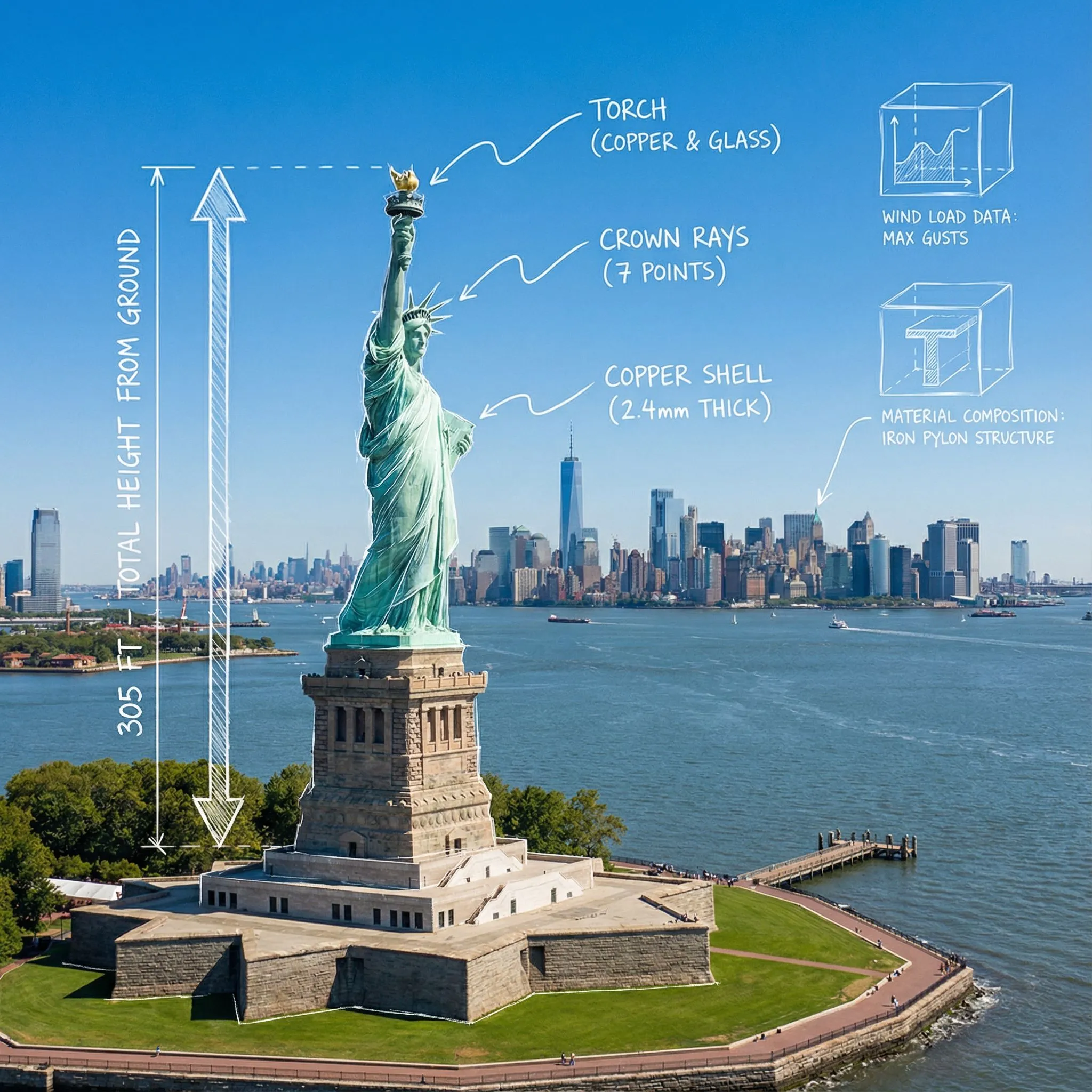 A photorealistic wide-angle landscape shot of the Statue of Liberty with the New York City skyline and harbor in the background. Superimposed on the scene is a white, hand-drawn augmented reality technical overlay. Features include: 1. Sketchy white leader lines pointing to key details like the "Torch," "Crown Rays," and "Copper Shell" with handwritten text labels. 2. Large dimensional vertical measurement arrows indicating the total height from ground to torch. 3. Small floating wireframe icons showing wind load data and material composition. Aesthetic: Structural engineering analysis, F1 broadcast graphics style, bright outdoor daylight, architectural blueprint overlay.