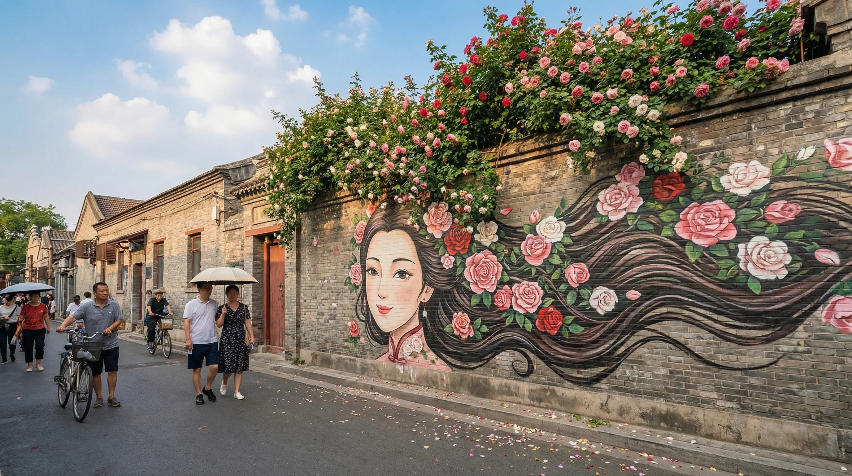 A street mural with ultra-high definition and strong photographic texture, the image presents a strong Chinese charm.

The painting depicts a stunningly beautiful woman with a close-up head shot in a cartoon style, her demeanor gentle and serene. The top of the wall is covered with a vast expanse of blooming roses, with lush green leaves and flourishing flowers stretching outward. Some branches hang down from the top of the wall, cleverly merging with the woman's hair, making her hair appear as if it is composed of layers of roses. These dense flowers surround the woman's head, forming a magnificent crown, creating a visually beautiful and romantic effect.

The background features a clear blue sky dotted with fluffy white clouds; the ground is a realistic asphalt street littered with colorful petals, with pedestrians strolling leisurely among them. The overall scene is exquisitely detailed, with bright and soft lighting, creating a dreamlike streetscape atmosphere that feels like reality.