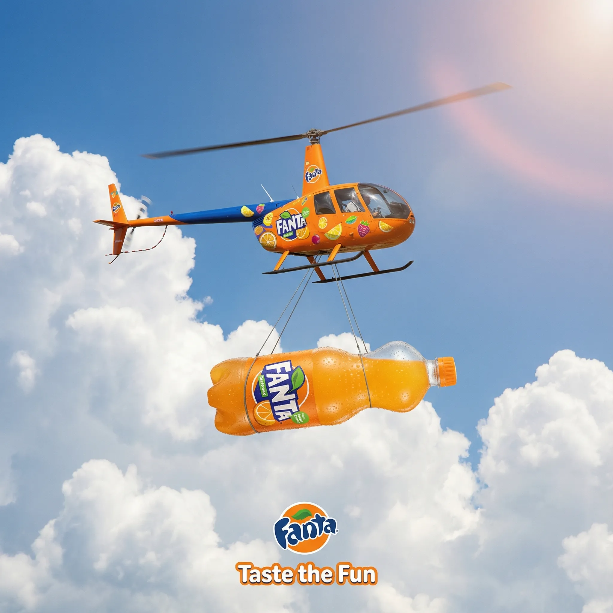 Create a hyper-realistic, square 1:1 image featuring a small helicopter flying through a bright blue sky with fluffy white clouds and a subtle lens flare. The helicopter is painted in the signature colors and graphics of [BRAND]. It is carrying a giant product from [BRAND] hanging below. The composition has the look and feel of a clean, playful (or premium, futuristic) advertisement. At the bottom, include the [BRAND] logo and a small slogan like [BRAND SLOGAN] in a stylish font. 1080x1080 dimension.