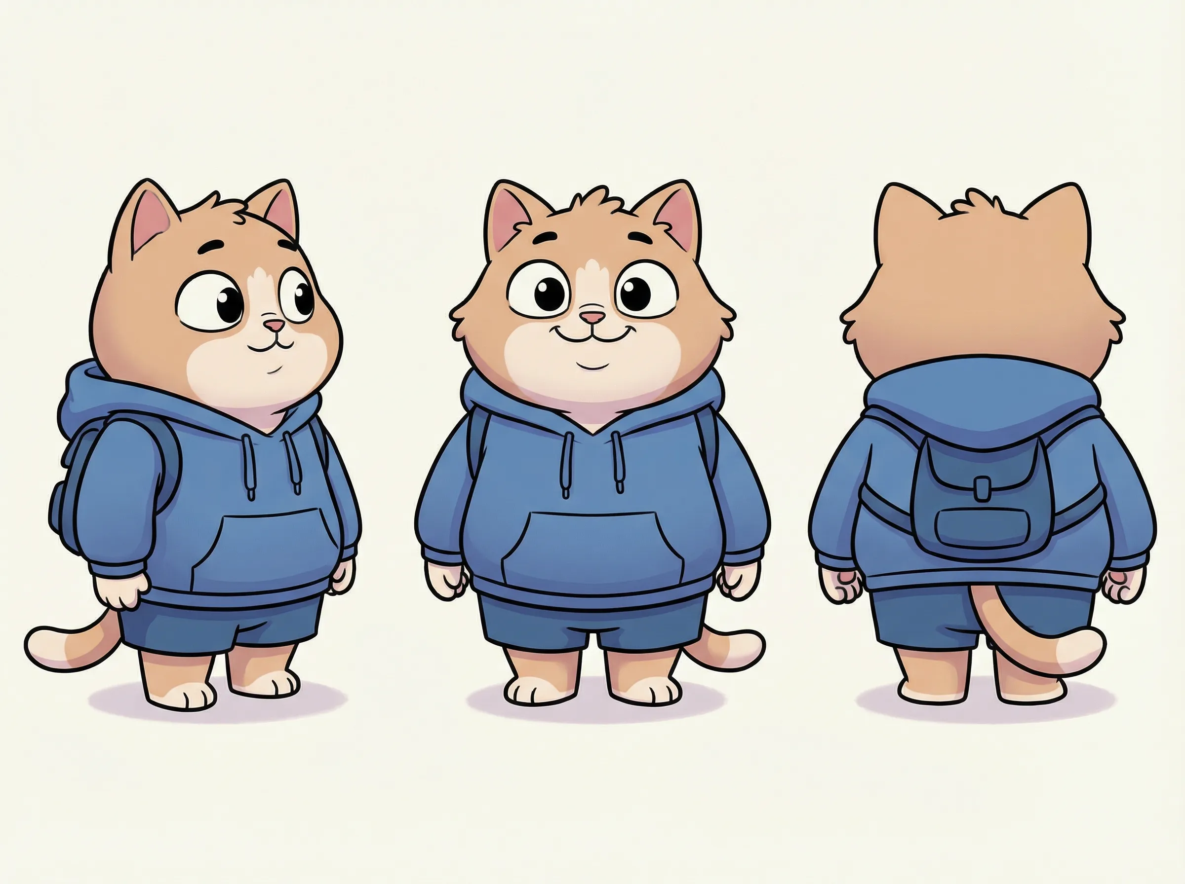 A cute anthropomorphic cat in triple view: front-left, front, and back. Standing upright with a plump body, expressive face, and wearing [clothing/style]. Cartoon mascot in 2D animation style, clean bold lines, flat shading with subtle gradients, soft outlines, and a light neutral background.