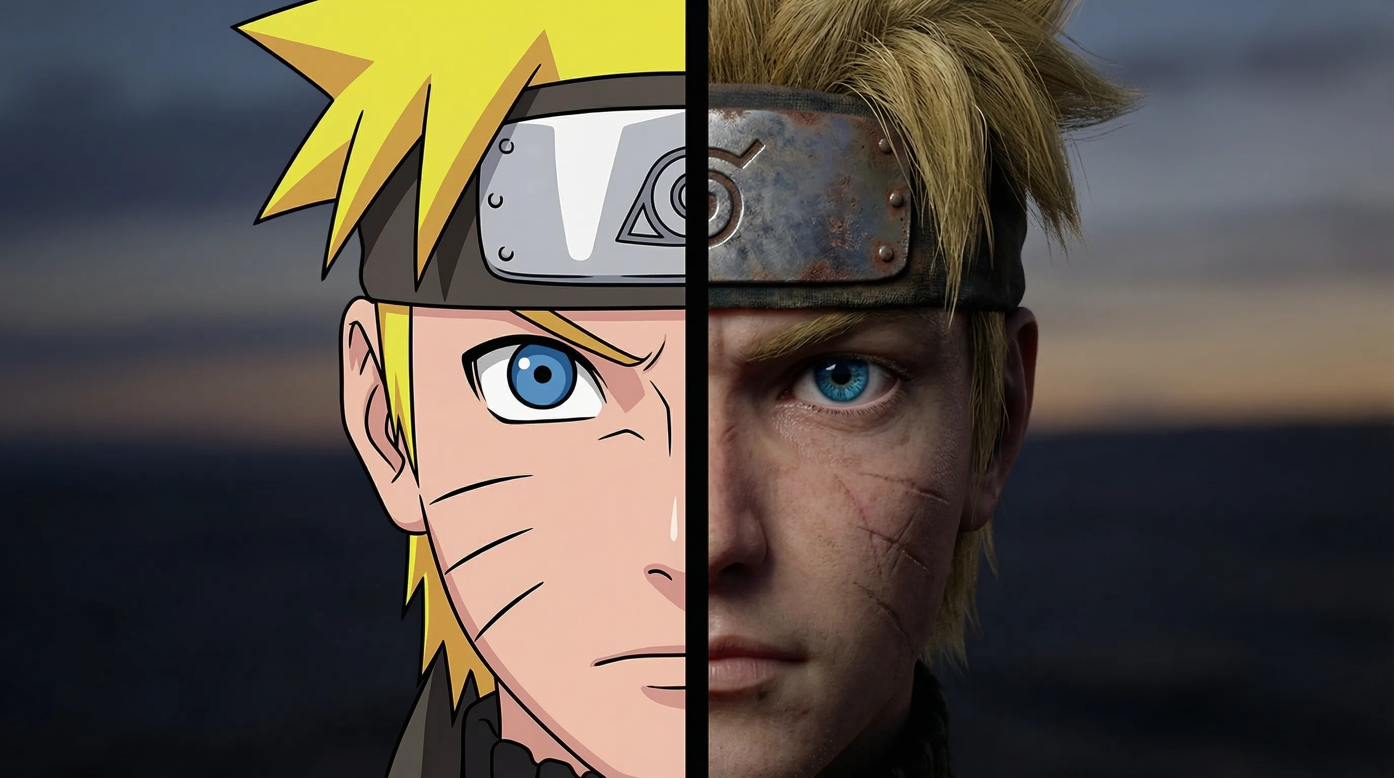 A cinematic 16:9 wide shot featuring a single centered headshot of Naruto Uzumaki, face split vertically in half. A distinct black line separates the two art styles down the center. [LEFT HALF]: Classic anime style, bright blonde spiky hair, blue anime eye, black whisker marks, metal headband with bold lines. [RIGHT HALF]: Gritty realism, realistic dirty blonde textured hair, piercing blue human eye, whisker marks as faint scars, weathered metal texture on the headband with rust. The headband and facial features align perfectly to form a single, unified character portrait, rendered in Unreal Engine 5.