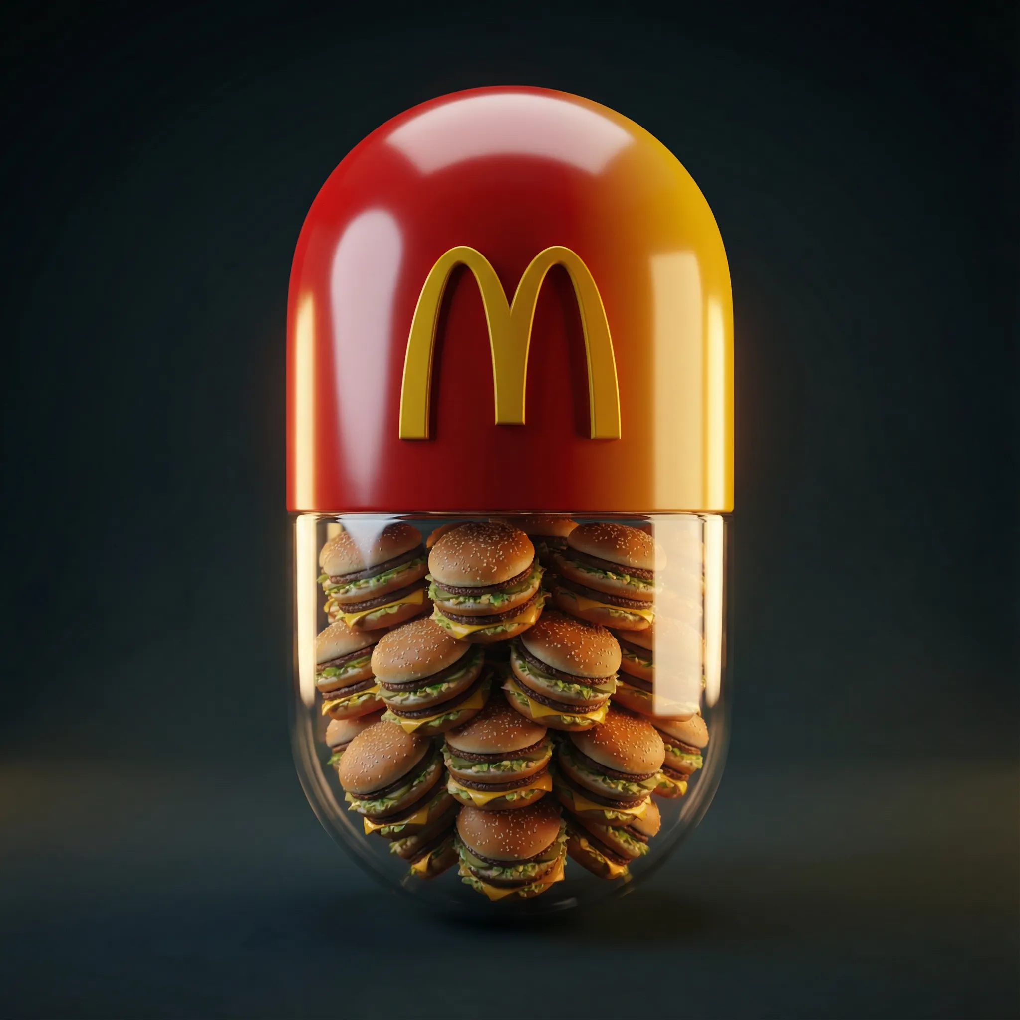 Create a hyper-realistic 3D render of a large capsule-shaped container. The top half is solid and glossy in McDonald's signature colors, featuring the official McDonald's logo prominently. The bottom half is transparent, revealing multiple miniature McDonald's Big Mac burgers neatly packed inside. Set against a dark background with cinematic lighting and soft reflections to create a premium, surreal advertising aesthetic. Ultra-detailed, professional product render style. 1080×1080 dimension.