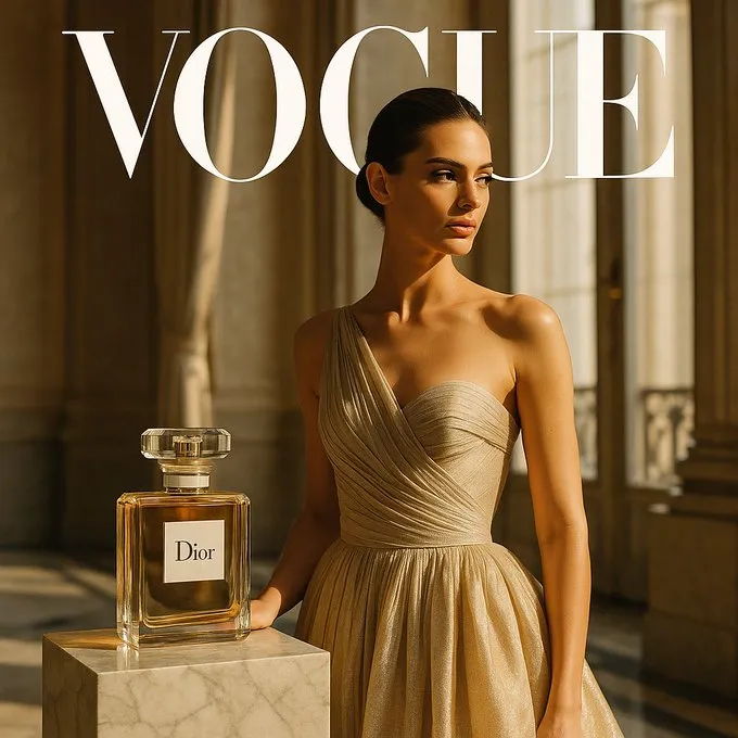 A hyper-realistic editorial concept for a collaboration between [BRAND] and [MAGAZINE BRAND]. Square 1:1 composition, shot in a sleek Parisian interior with marble floors and tall windows, golden afternoon light illuminating the scene. A single model in a couture gown poses gracefully beside a realistically sized [BRAND] perfume bottle with the [BRAND] logo clearly visible placed on a marble pedestal. Ultra-refined textures, cinematic realism, Vogue-style photography.