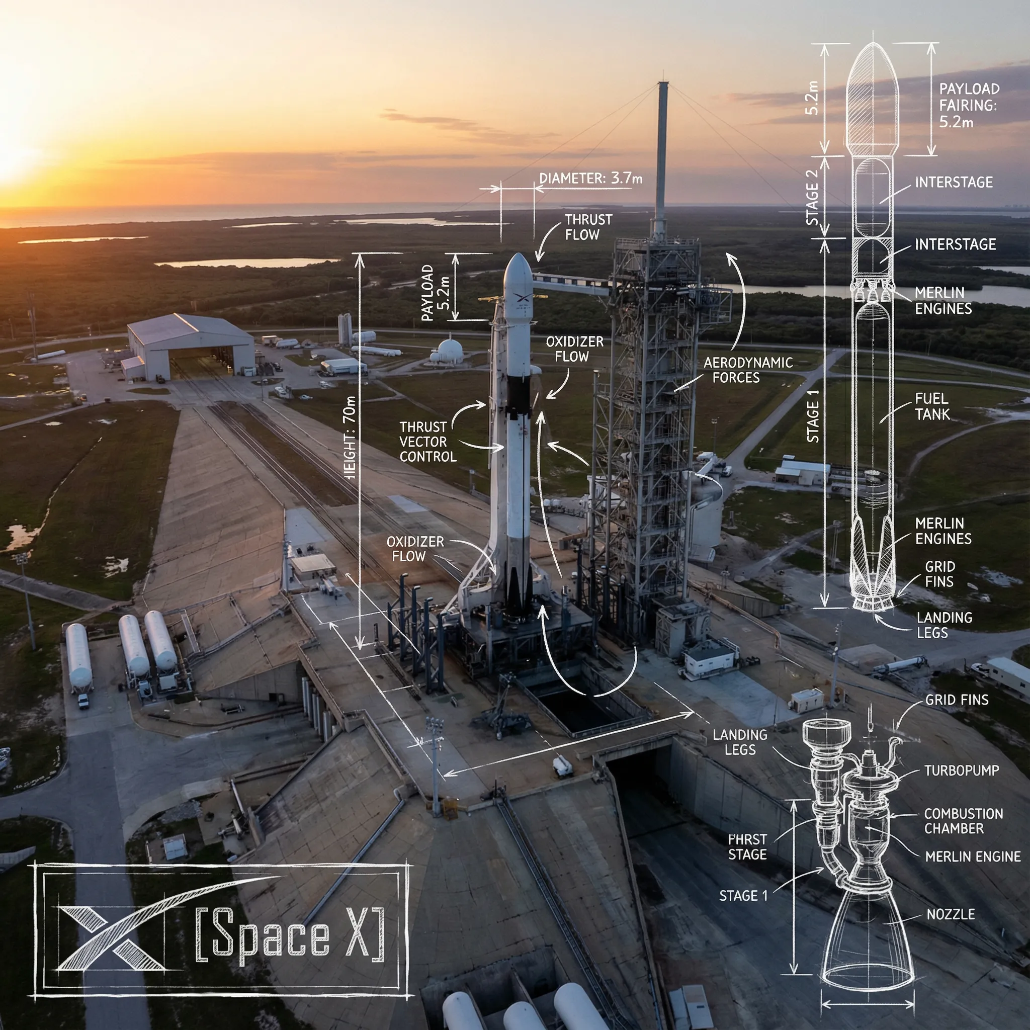 A high-angle, wide-angle real-world photograph of [Space X] serves as the background, overlaid with detailed white technical engineering schematics and blueprint-style line work. The style resembles white hand-drawn chalk or pencil sketches drawn directly onto the photograph.

Key elements include dimension lines with measurement values labeling [key dimensions of the subject], directional arrows indicating [forces, motion, or flow], detailed cross-section diagrams of [internal components], and an exploded-view diagram of [complex components]. Key features are annotated with clean, neat handwritten-style text labels.

Aesthetic style: educational science illustration, industrial design analysis, clean, precise, mixed-media visual language. In the bottom-left corner, include a blueprint-style logo enclosed in a hand-drawn frame, with the text “[Space X]”.